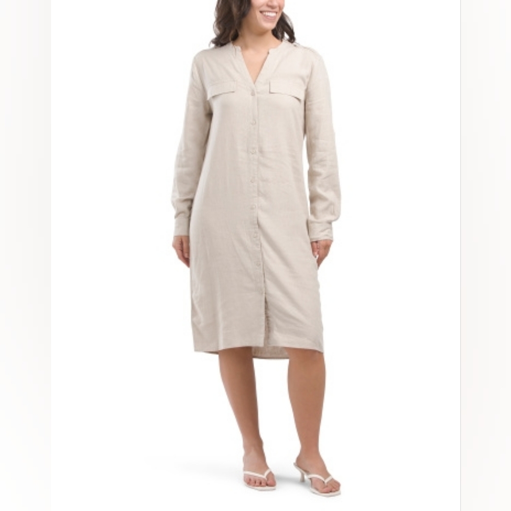 NWT - Calvin Klein Linen Blend Natural Roll Tab Button Front Midi Dress -Size 12